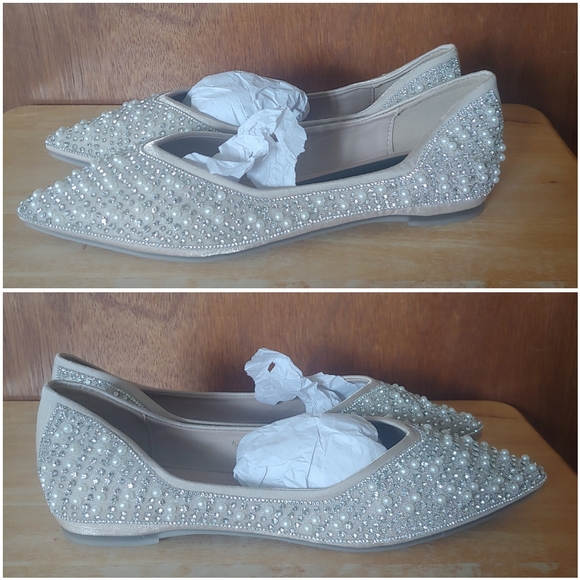 NIB Beige Rhinestone Pearl Jewels Gem Sparkly Pointed Party Flats Shoes 10.5 - Picture 8 of 17